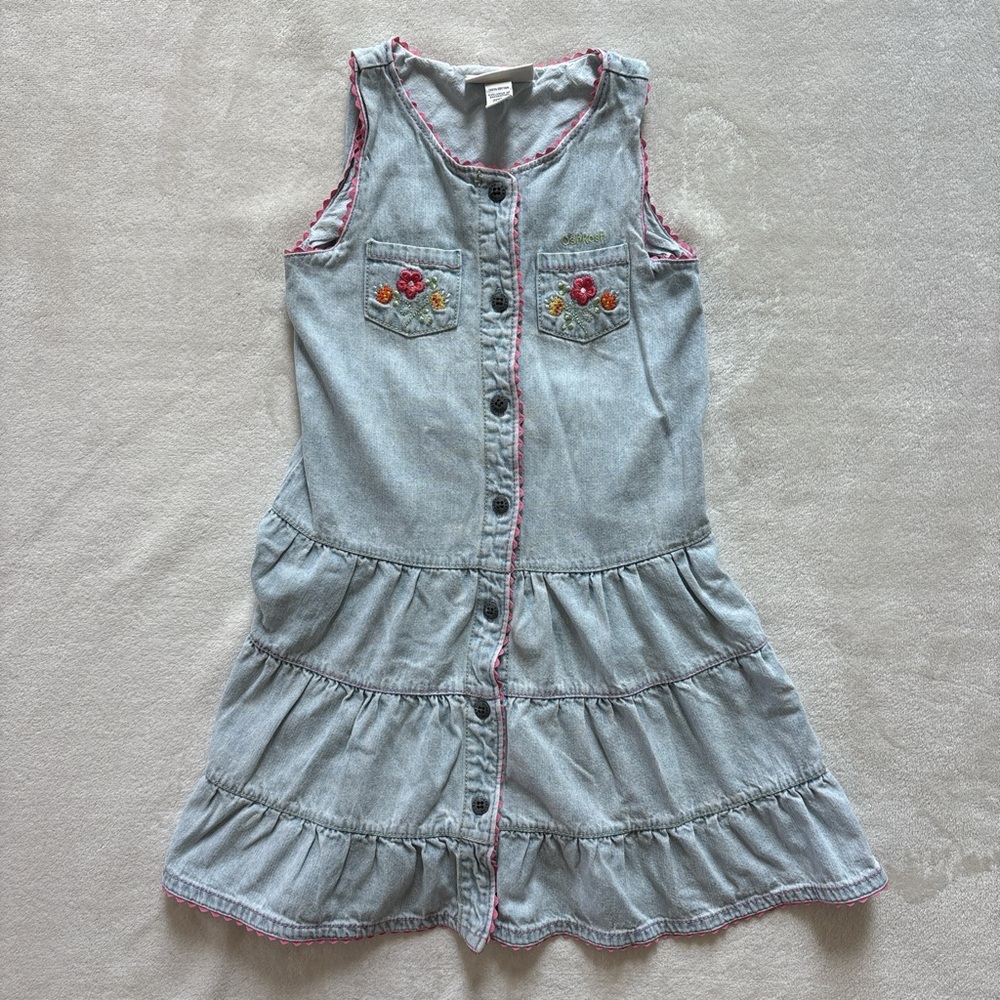 Girls 6X Oshkosh Embroidered Floral Denim Sleeveless Dress
